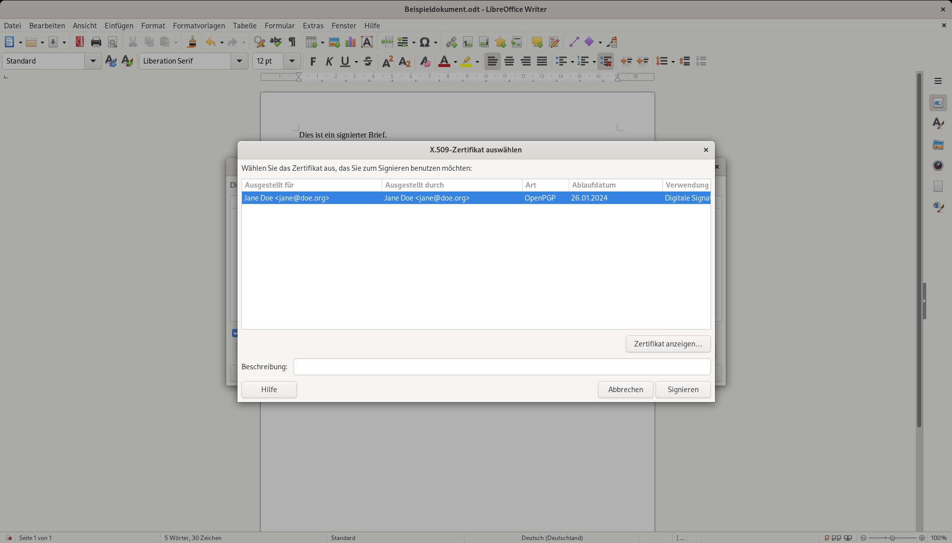 das LibreOffice-Dialog zur Auswahl des Schlüssels, mit dem signiert werden soll
