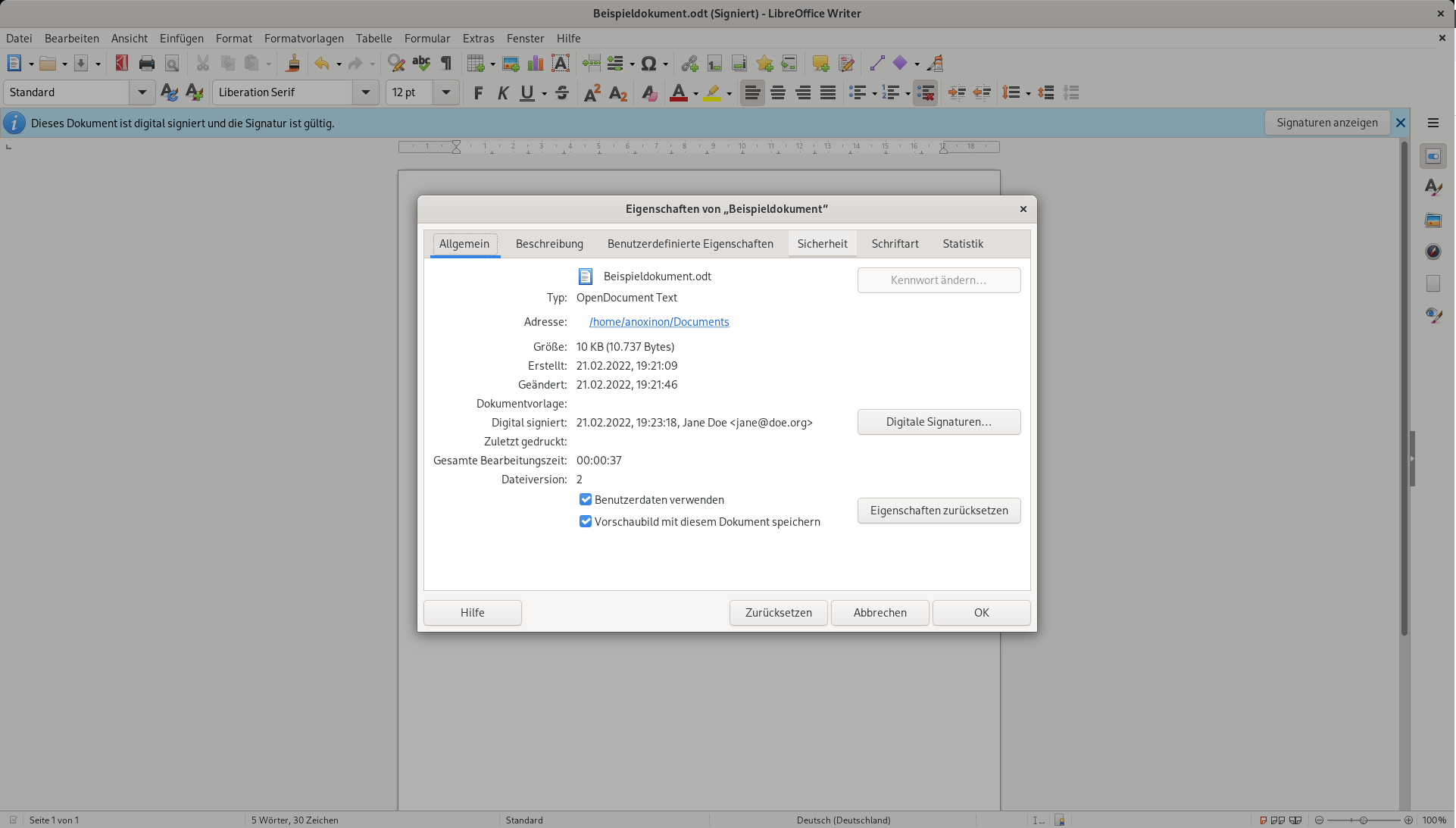 das LibreOffice-Eigenschaften-Dialog bei einer signierten Datei