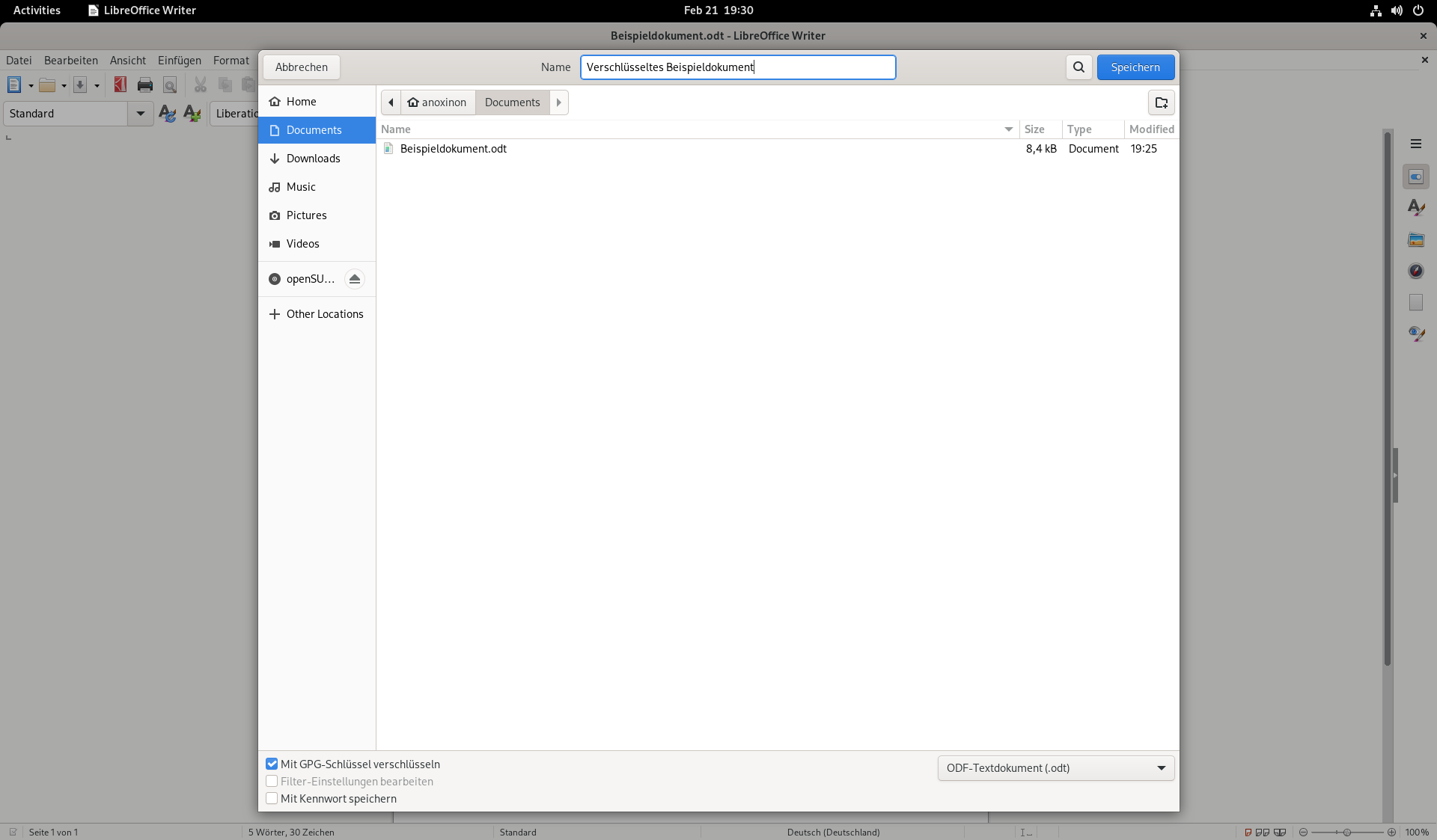 das Speicherdialog von LibreOffice mit einem gesetzten Haken bei der Verschlüsselungsoption