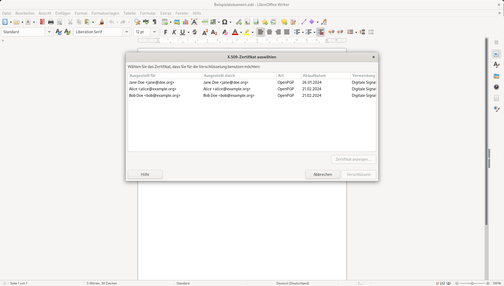 das Empfänger:innenauswahldialog bei der Verschlüsselung in LibreOffice