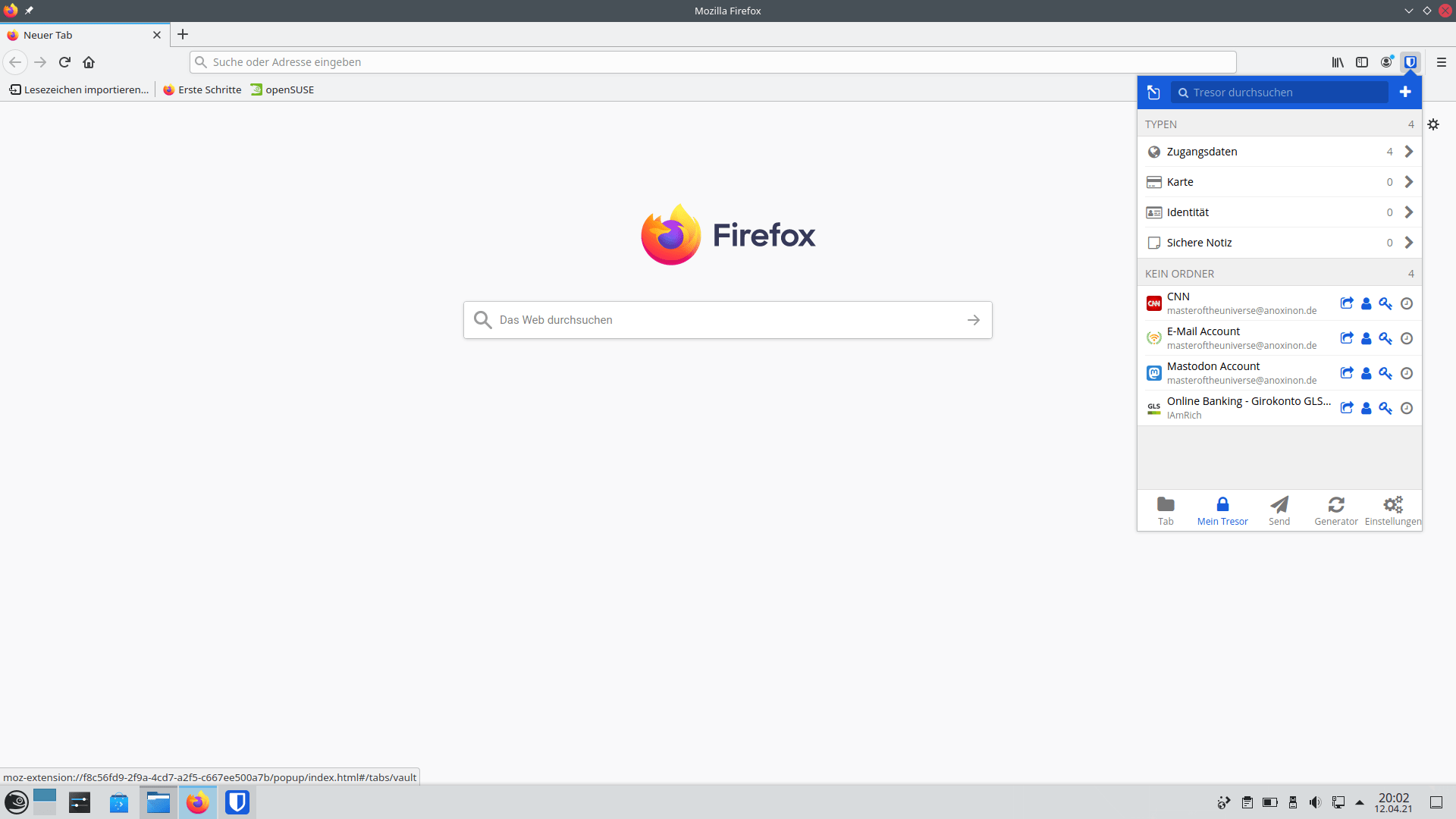 Bitwarden Firefox Addon Hauptfenster